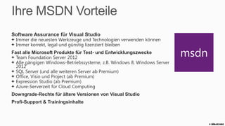 Sparen Sie bis zu 30%!
Premium Upgrade
 Gültig für Kunden von Visual Studio Professional mit
 MSDN-Abonnement
 Bis zu 30 % sparen beim Upgrade auf Visual Studio      Professional
 Premium
 Weltweit gültig bis zum 30. Juni 2013
 Über verschiedene Volumenlizenzprogramme
 erhältlich:
 Enterprise Agreement, EAP, Select Plus, Open Value
 und Open Value Subscription
 Kontaktieren Sie Ihren Software-/Handelspartner für
 Ihr individuelles Angebot (Stichwort: „SA Step Up“)
                                                         Premium




                                                                       © Zühlke 2013
 