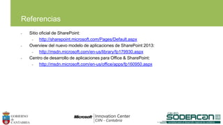 Referencias
• Sitio oficial de SharePoint:
• http://sharepoint.microsoft.com/Pages/Default.aspx
• Overview del nuevo modelo de aplicaciones de SharePoint 2013:
• http://msdn.microsoft.com/en-us/library/fp179930.aspx
• Centro de desarrollo de aplicaciones para Office & SharePoint:
• http://msdn.microsoft.com/en-us/office/apps/fp160950.aspx
 