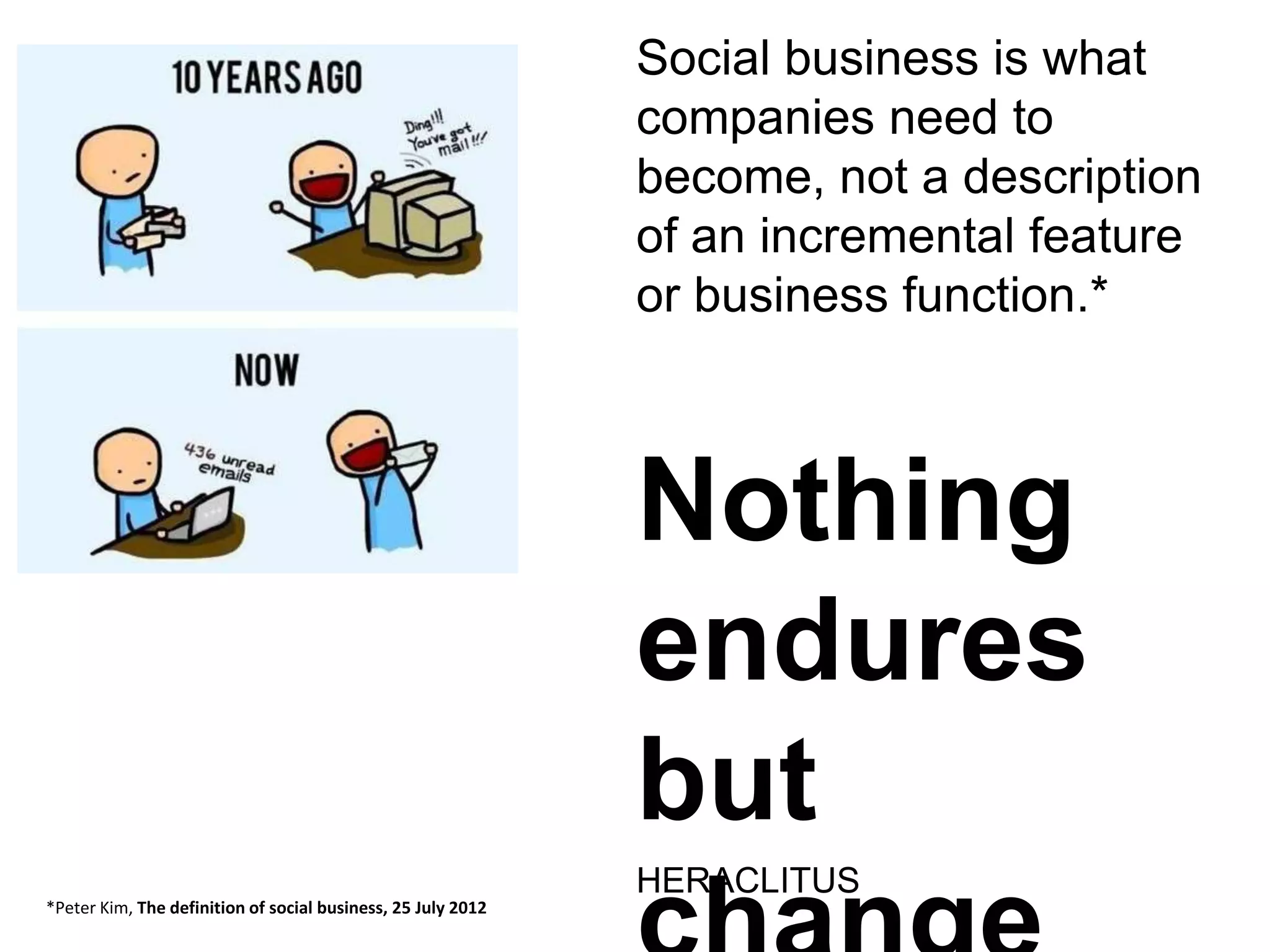 Nothing
endures
but
HERACLITUS
Social business is what
companies need to
become, not a description
of an incremental feature
or business function.*
*Peter Kim, The definition of social business, 25 July 2012
 
