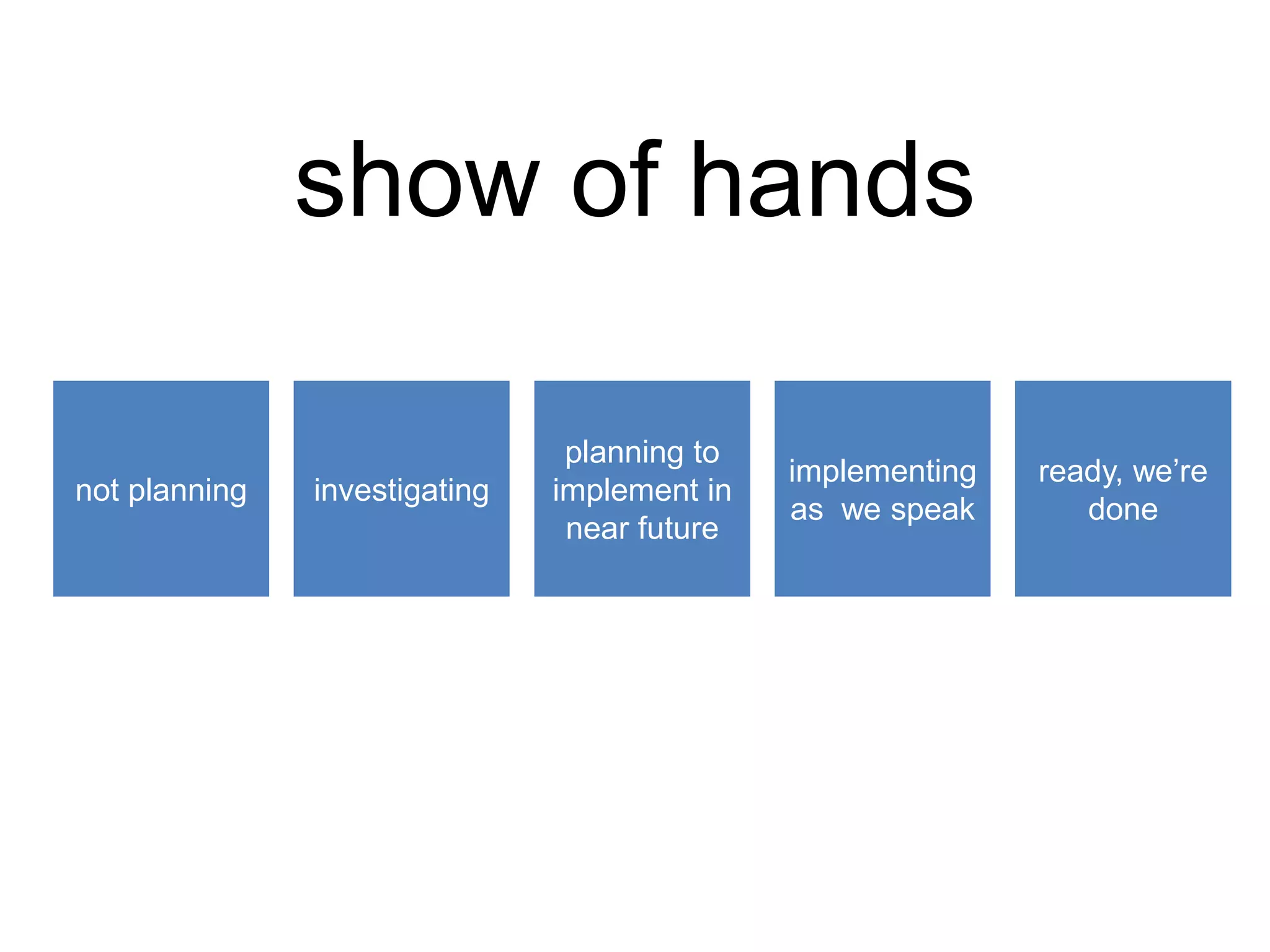 show of hands
ready, we’re
done
not planning investigating
implementing
as we speak
planning to
implement in
near future
 
