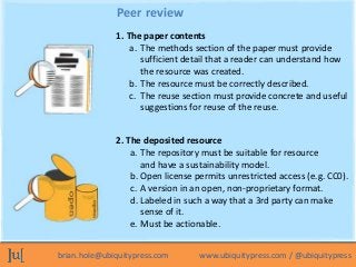 Peer review
              1. The paper contents
                  a. The methods section of the paper must provide
                     sufficient detail that a reader can understand how
                     the resource was created.
                  b. The resource must be correctly described.
                  c. The reuse section must provide concrete and useful
                     suggestions for reuse of the reuse.


              2. The deposited resource
                  a. The repository must be suitable for resource
                     and have a sustainability model.
                  b. Open license permits unrestricted access (e.g. CC0).
                  c. A version in an open, non-proprietary format.
                  d. Labeled in such a way that a 3rd party can make
                     sense of it.
                  e. Must be actionable.


brian.hole@ubiquitypress.com       www.ubiquitypress.com / @ubiquitypress
 