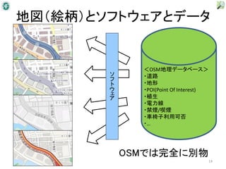 地図（絵柄）とソフトウェアとデータ


              ＜OSM地理データベース＞
        ソ     ・道路
        フ
        ト     ・地形
        ウ     ・POI(Point Of Interest)
        ェ     ・植生
        ア
              ・電力線
              ・禁煙/喫煙
              ・車椅子利用可否
              ・…




            OSMでは完全に別物
                                        14
 