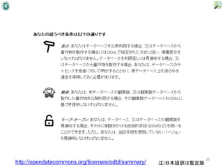 20
http://opendatacommons.org/licenses/odbl/summary/   注)日本語訳は暫定版
 