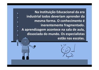 Na Instituição Educacional da era 
   industrial todos deveriam aprender da 
         mesma forma. O conhecimento é 
             inerentemente fragmentado. 
A aprendizagem acontece na sala de aula, 
    dissociada do mundo. Os especialistas 
                         estão nas escolas.
 