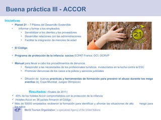 Buena práctica III - ACCOR
Iniciativas:
• Planet 21 – 7 Pilares del Desarrollo Sostenible
•
Informar y formar a los empleados
• Sensibilizar a los clientes y los proveedores
• Desarrollar relaciones con las administraciones
• Facilitar la integración de menores de edad
• El Código
• Programa de protección de la infancia: socios ECPAT France, DCI, OCRVP
• Manual para llevar a cabo los procedimientos de denuncia:
• Responder a las necesidades de los profesionales turísticos involucrados en la lucha contra la ESC
• Promover denuncias de los casos a la policía y servicios judiciales
•

Difusión de buenas practicas y herramientas de formación para prevenir el abuso durante los mega
eventos (ej: Copa Mundial, Juegos Olímpicos)

Resultados: (finales de 2011)
 49% de los hoteles Accor comprometidos con la protección de la infancia
 Hoteles Accor en 36 países firmaron el Código
 Más de 50000 empelados recibieron la formación para identificar y afrontar las situaciones de alto
los niños

riesgo para

 