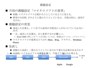 課題設定
 当初の課題設定「マイクロソフトの変革」
 前提: マイクロソフトは変わろうとしているように見える。
 研究の方向性: どのように変わろうとしているか。手段は何か。成功す
るのか。
 課題設定の背景
 成功した企業も、いつまでも成功の方程式にしがみついていられない
はず。
 一方、成功した企業は、自ら変革するのが難しい。
• XeroxはPARCで新しいオフィスを目指していたが、事業化はアップル、マイクロソフト。
 マイクロソフトの変革はどうか? – Xbox、Bing、クラウド、 Windows
Phone
 見直し
 前提から見直し：変わろうとしているのか？変わる必要があるのか？
 方向性: マイクロソフトの事業を調べ、今後どう進むのか考える。
IBM DEC SUN Microsoft
メインフレーム ミニコン ワークステー
ション
PC
Apple Google
次の覇者
?
 