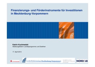 Finanzierungs- und Förderinstrumente für Investitionen
in Mecklenburg-Vorpommern
Katrin Kuchmetzki
Abteilungsleiterin Landesprogramme und Darlehen
17. April 2013
 