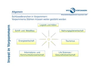 Wirtschaftsfördergesellschaft Vorpommern mbH
InvestinVorpommern
Informations- und
Kommunikationswirtschaft
Tourismus
Nahrungsgüterwirtschaft
Life Sciences /
Gesundheitswirtschaft
Schiff- und Metallbau
Schlüsselbranchen in Vorpommern:
Vorpommerns Stärken müssen weiter gestärkt werden
Logistik und Häfen
Energiewirtschaft
Allgemein
 