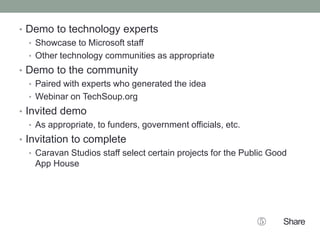 • Demo to technology experts
• Showcase to Microsoft staff
• Other technology communities as appropriate
• Demo to the community
• Paired with experts who generated the idea
• Webinar on TechSoup.org
• Invited demo
• As appropriate, to funders, government officials, etc.
• Invitation to complete
• Caravan Studios staff select certain projects for the Public Good
App House
⑤ Share
 