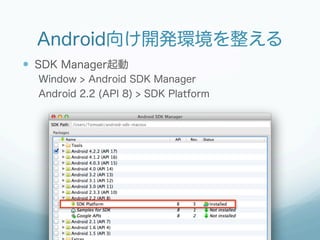 Android向け開発環境を整える
—  SDK Manager起動
  Window > Android SDK Manager
  Android 2.2 (API 8) > SDK Platform
 