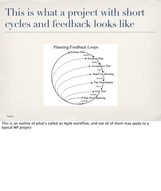 This is what a project with short
cycles and feedback looks like

Source

This is an outline of what’s called an Agile workﬂow, and not all of them may apply to a
typical WP project

 