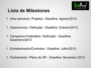Lista de Milestones
1. Infra-estrutura / Projetos - Deadline: Agosto/2013;
1. Gastronomia / Definição - Deadline: Outubro/2013;
1. Campanha Publicitária / Definição - Deadline:
Dezembro/2013
1. Entretenimento/Contratos - Deadline: Julho/2013;
1. Fechamento / Plano de GP - Deadline: Novembro 2013;
 
