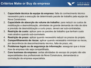 Critérios Make or Buy da empresa
1. Capacidade técnica da equipe da empresa: falta do conhecimento técnico
necessário para a execução de determinado pacote de trabalho pela equipe da
Nova Construtora.
2. Capacidade de absorção de volume de trabalho: para reduzir os custos de
mobilização e desmobilização, atividades de grande demanda de mão de obra
e previsão de desmobilização a curto prazo, devem ser sub-contratadas.
3. Restrição de custo: aplicar para os pacotes de trabalho que tenham custo
mais atrativo quando sub-contratado.
4. Restrição de prazo: aplicar quando necessário reduzir os prazos do projeto.
5. Compartilhamento de riscos: aplicar quando necessário minimizar os riscos,
por decorrência de desconhecimento técnico, falta de prazo, etc.
6. Problemas legais ou de segurança da informação: assegurar que o know
how da empresa não seja compartilhado.
7. Core business da empresa: certas atividades do escopo do projeto não são
especialidades dos profissionais da Nova Construtora, demandando a
contratação de empresa especialista.
 