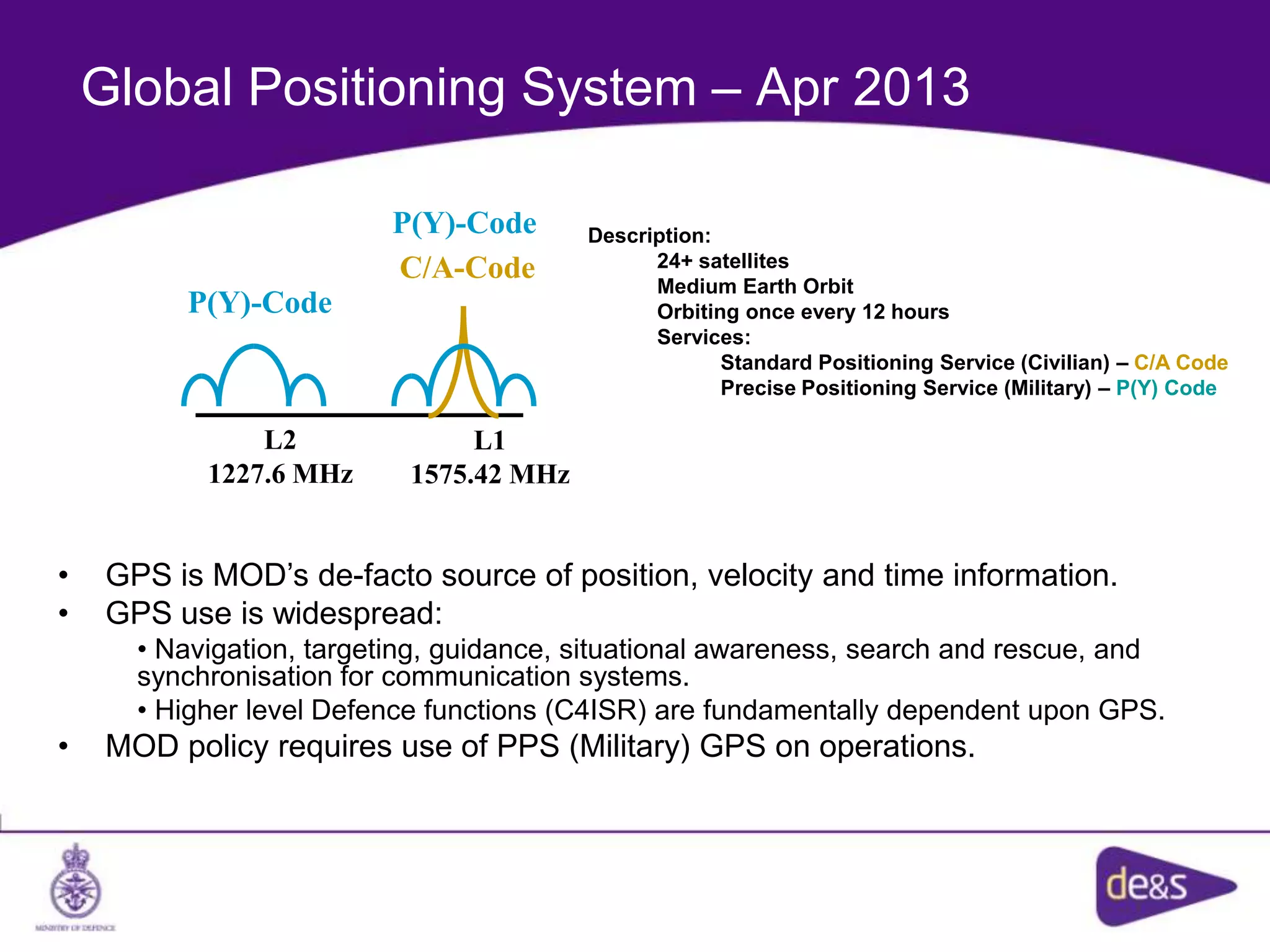 Global Positioning System – Apr 2013
L2
1227.6 MHz
L1
1575.42 MHz
P(Y)-Code
C/A-Code
P(Y)-Code
• GPS is MOD’s de-facto source of position, velocity and time information.
• GPS use is widespread:
• Navigation, targeting, guidance, situational awareness, search and rescue, and
synchronisation for communication systems.
• Higher level Defence functions (C4ISR) are fundamentally dependent upon GPS.
• MOD policy requires use of PPS (Military) GPS on operations.
Description:
24+ satellites
Medium Earth Orbit
Orbiting once every 12 hours
Services:
Standard Positioning Service (Civilian) – C/A Code
Precise Positioning Service (Military) – P(Y) Code
 