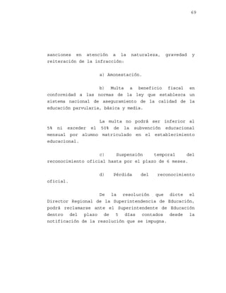 69

sanciones en atención a la
reiteración de la infracción:

naturaleza,

gravedad

y

a) Amonestación.
b) Multa a beneficio fiscal en
conformidad a las normas de la ley que establezca un
sistema nacional de aseguramiento de la calidad de la
educación parvularia, básica y media.
La multa no podrá ser inferior al
5% ni exceder el 50% de la subvención educacional
mensual por alumno matriculado en el establecimiento
educacional.
c)
Suspensión
temporal
del
reconocimiento oficial hasta por el plazo de 6 meses.
d)

Pérdida

del

reconocimiento

oficial.
De la resolución que dicte el
Director Regional de la Superintendencia de Educación,
podrá reclamarse ante el Superintendente de Educación
dentro del plazo de 5 días contados desde la
notificación de la resolución que se impugna.

 