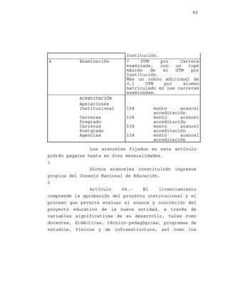 86

4

Examinación

ACREDITACIÓN
Apelaciones
Institucional
Carreras
Pregrado
Carreras
Postgrado
Agencias

Institución.
7
UTM
por
Carrera
examinada,
con
un
tope
máximo
de
42
UTM
por
Institución.
Más un cobro adicional de
0,1
UTM
por
alumno
matriculado en las carreras
examinadas.

15%
15%
15%
15%

monto
arancel
acreditación
monto
arancel
acreditación
monto
arancel
acreditación
monto
arancel
acreditación

Los aranceles fijados en este artículo
podrán pagarse hasta en diez mensualidades.
1
Dichos aranceles constituirán ingresos
propios del Consejo Nacional de Educación.
1
Artículo
64.El
licenciamiento
comprende la aprobación del proyecto institucional y el
proceso que permite evaluar el avance y concreción del
proyecto educativo de la nueva entidad, a través de
variables significativas de su desarrollo, tales como
docentes, didácticas, técnico-pedagógicas, programas de
estudios, físicos y de infraestructura, así como los

 