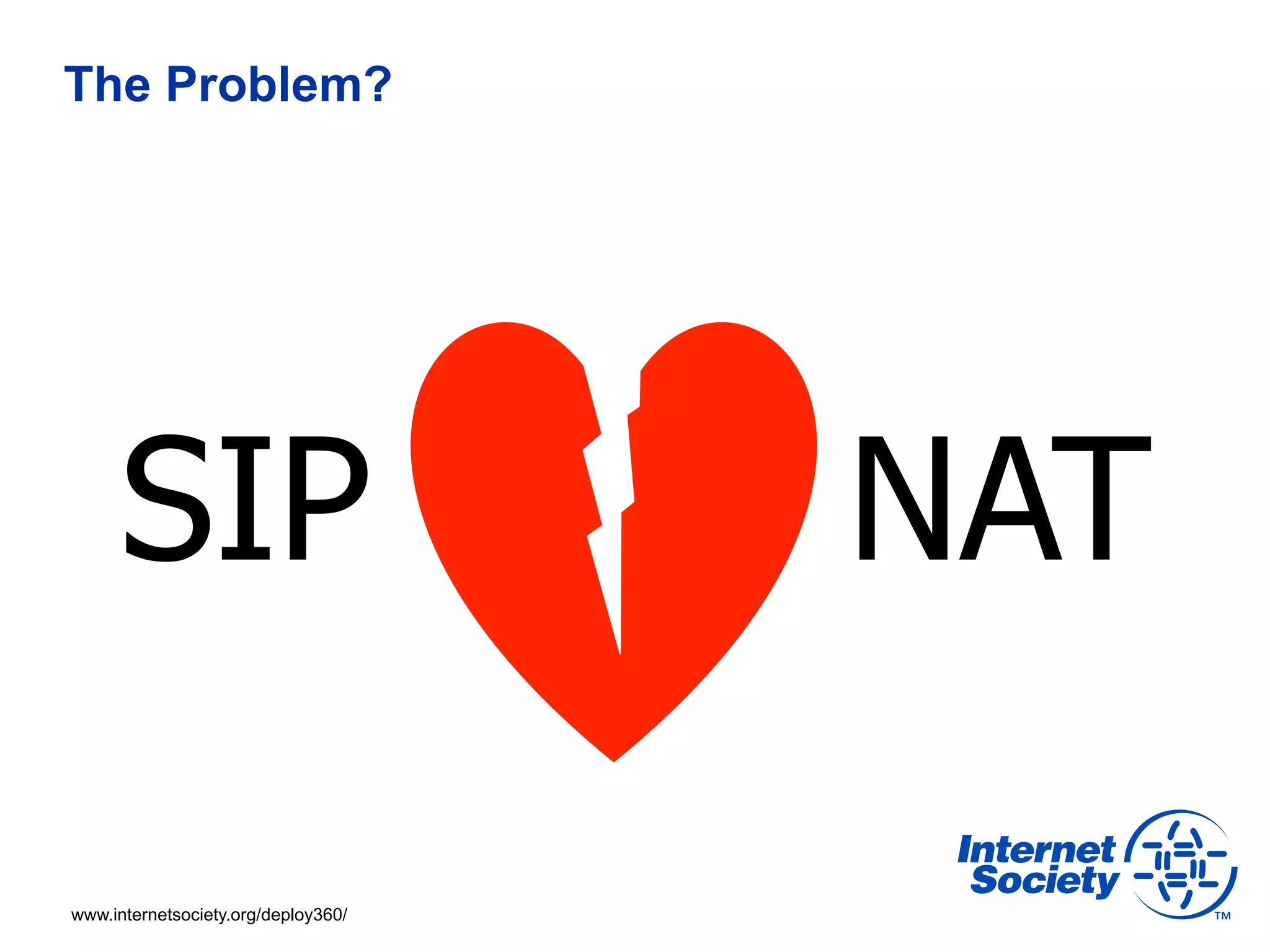 The Problem?




     SIP                             NAT

www.internetsociety.org/deploy360/
 