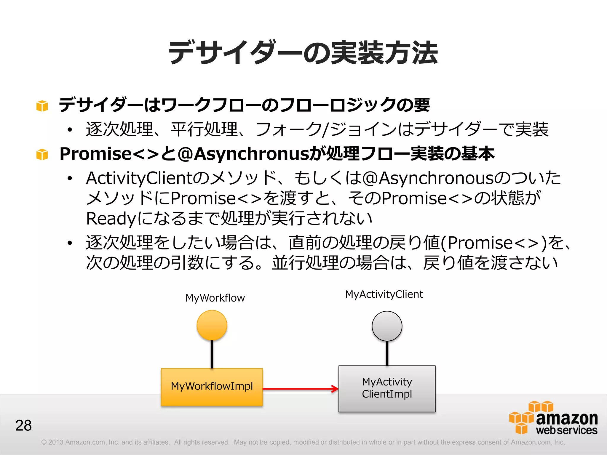 © 2013 Amazon.com, Inc. and its affiliates. All rights reserved. May not be copied, modified or distributed in whole or in part without the express consent of Amazon.com, Inc.
28
デサイダーの実装方法
デサイダーはワークフローのフローロジックの要
• 逐次処理、平行処理、フォーク/ジョインはデサイダーで実装
Promise<>と@Asynchronusが処理フロー実装の基本
• ActivityClientのメソッド、もしくは@Asynchronousのついた
メソッドにPromise<>を渡すと、そのPromise<>の状態が
Readyになるまで処理が実行されない
• 逐次処理をしたい場合は、直前の処理の戻り値(Promise<>)を、
次の処理の引数にする。並行処理の場合は、戻り値を渡さない
MyWorkflowImpl
MyWorkflow
MyActivity
ClientImpl
MyActivityClient
 