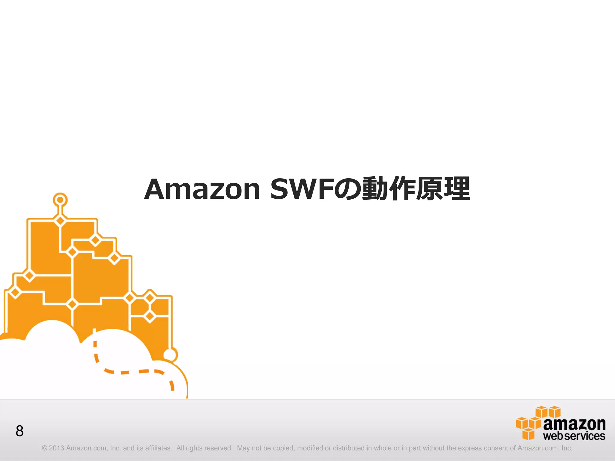© 2013 Amazon.com, Inc. and its affiliates. All rights reserved. May not be copied, modified or distributed in whole or in part without the express consent of Amazon.com, Inc.
8
Amazon SWFの動作原理
 