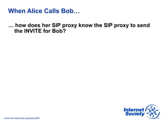 www.internetsociety.org/deploy360/
When Alice Calls Bob…
… how does her SIP proxy know the SIP proxy to send
the INVITE for Bob?
 