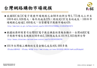 11財宏公司所有,請勿翻印
台灣網路購物市場規模
 我國B2C及C2C電子商務市場規模已由98年的新台幣3,775億元上升至
100年的5,626億元，每年約成長22%，特別是C2C交易的成長，100年市
場規模已超過2,400億元，佔整體電子商務市場的43%
http://www.bost.ey.gov.tw/News_Content.aspx?n=5331137415276DD6&s=31A28AAF26010C75
 根據經濟部商業司台灣B2C電子商店調查結案報告顯示，台灣的B2C電
子商務市場交易規模從99年的2,596億成長至101年3,825億新台幣
http://money.chinatimes.com/news/news-content.aspx?id=20130325002785
 101年台灣線上購物的交易金額已成長到6,000多億
ETtoday消費新聞 | ETtoday 新聞雲 http://www.ettoday.net/news/20130329/186358.htm#ixzz2PGskpdo0
 