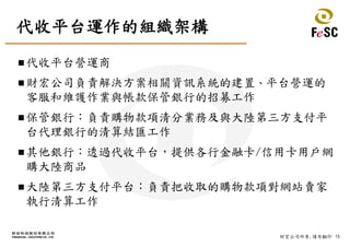 15財宏公司所有,請勿翻印
代收平台運作的組織架構
代收平台營運商
財宏公司負責解決方案相關資訊系統的建置、平台營運的
客服和維護作業與帳款保管銀行的招募工作
保管銀行：負責購物款項清分業務及與大陸第三方支付平
台代理銀行的清算結匯工作
其他銀行：透過代收平台，提供各行金融卡/信用卡用戶網
購大陸商品
大陸第三方支付平台：負責把收取的購物款項對網站賣家
執行清算工作
 
