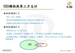 3財宏公司所有,請勿翻印
O2O購物與第三方支付
 網路購物1.0
-B2C、C2C、B2B2C
-傳統的網路購物是在線上虛擬商店的購物行為
-網購的消費金額平均佔個人消費總額的3%~5%
 網路購物2.0
-O2O(Online to Offline)
-把傳統“逛街購物”的購物行為，引導為線上支付與線下服務的模式
-持續提供傳統“網路購物”的服務（如團購)，並加上Offline to Online與LBS
購物服務
C2C、B2C
B2B2C
O2O 團購
 