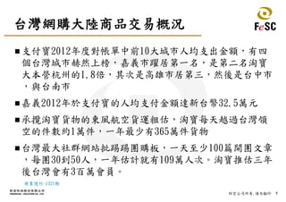9財宏公司所有,請勿翻印
台灣網購大陸商品交易概況
支付寶2012年度對帳單中前10大城市人均支出金額，有四
個台灣城市赫然上榜，嘉義市躍居第一名，是第二名淘寶
大本營杭州的1.8倍，其次是高雄市居第三，然後是台中市
，與台南市
嘉義2012年於支付寶的人均支付金額達新台幣32.5萬元
承攬淘寶貨物的東風航空貨運粗估，淘寶每天越過台灣領
空的件數約1萬件，一年最少有365萬件貨物
台灣最大社群網站批踢踢團購板，一天至少100篇開團文章
，每團30到50人，一年估計就有109萬人次。淘寶推估三年
後台灣會有3百萬會員。
商業週刊-1321期
 