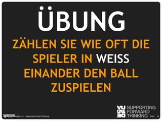 © Vujàdé Ltd. – Supporting Forward Thinking Slide |Slide |Vujàdé Ltd. – Supporting Forward Thinking
ÜBUNG
ZÄHLEN SIE WIE OFT DIE
SPIELER IN WEISS
EINANDER DEN BALL
ZUSPIELEN
10
 