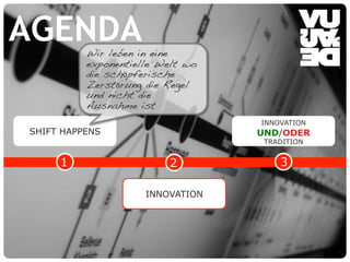 © Vujàdé Ltd. – Supporting Forward Thinking Slide |Slide |© Vujàdé Ltd. – Supporting Forward Thinking 2727
AGENDA
INNOVATION
UND/ODER
TRADITION
3
SHIFT HAPPENS
1 2
INNOVATION
Wir leben in eine
exponentielle Welt wo
die sch pferische
Zerst rung die Regel
und nicht die
Ausnahme ist
 