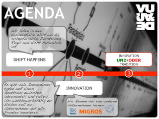 © Vujàdé Ltd. – Supporting Forward Thinking Slide |Slide |© Vujàdé Ltd. – Supporting Forward Thinking 5050
AGENDA
3
SHIFT HAPPENS
1 2
INNOVATION
Wir leben in eine
exponentielle Welt wo die
sch pferische Zerst rung
Regel und nicht Ausnahme
ist
Es gibt viele Innovations-
typen auf einem
Spektrum zwischen
inkrementell und radikal.
Um wettbewerbsf hig zu
bleiben soll ein
Unternehmen auf alle
Fronten innovieren.
INNOVATION
UND/ODER
TRADITION
Wir k nnen viel von anderen
Unternehmen lernen.
 