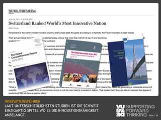 © Vujàdé Ltd. – Supporting Forward Thinking Slide |Slide | 53
INNOVATIONSFÜHRER
LAUT UNTERSCHIEDLICHSTEN STUDIEN IST DIE SCHWEIZ
EINZIGARTIG SPITZE WO ES DIE INNOVATIONSFÄHIGKEIT
ANBELANGT.
 