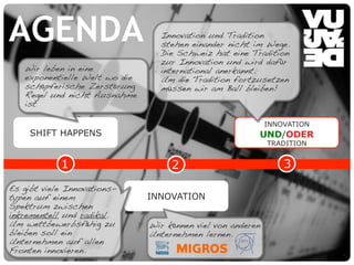 © Vujàdé Ltd. – Supporting Forward Thinking Slide |Slide |© Vujàdé Ltd. – Supporting Forward Thinking 6767
AGENDA
3
SHIFT HAPPENS
1 2
INNOVATION
Wir leben in eine
exponentielle Welt wo die
sch pferische Zerst rung
Regel und nicht Ausnahme
ist
Es gibt viele Innovations-
typen auf einem
Spektrum zwischen
inkrementell und radikal.
Um wettbewerbsf hig zu
bleiben soll ein
Unternehmen auf allen
Fronten innovieren.
INNOVATION
UND/ODER
TRADITION
Wir k nnen viel von anderen
Unternehmen lernen.
Innovation und Tradition
stehen einander nicht im Wege.
Die Schweiz hat eine Tradition
zur Innovation und wird daf r
international anerkannt.
Um die Tradition fortzusetzen
m ssen wir am Ball bleiben!
 