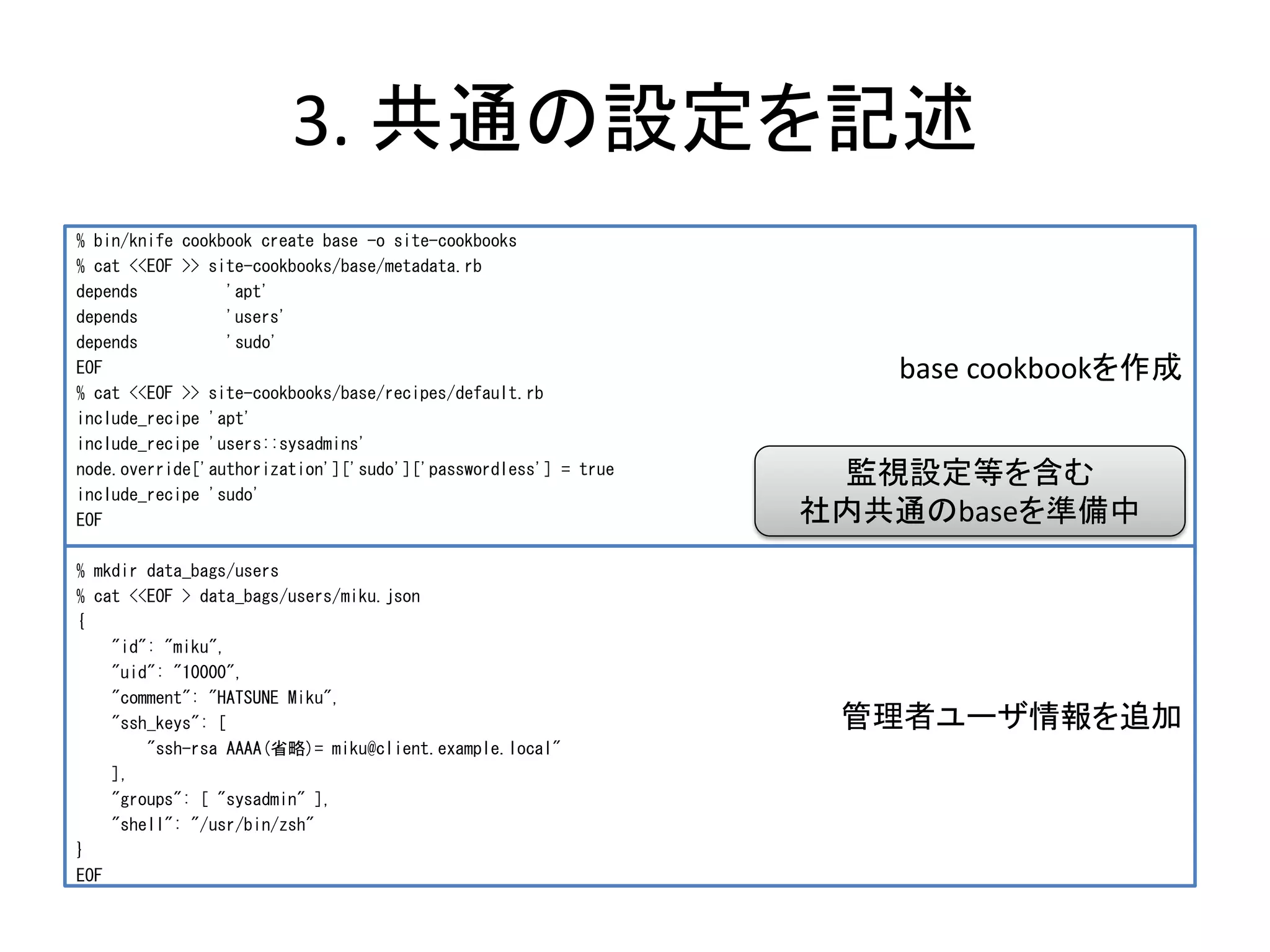 3. 共通の設定を記述
base cookbookを作成
管理者ユーザ情報を追加
% bin/knife cookbook create base -o site-cookbooks
% cat <<EOF >> site-cookbooks/base/metadata.rb
depends 'apt'
depends 'users'
depends 'sudo'
EOF
% cat <<EOF >> site-cookbooks/base/recipes/default.rb
include_recipe 'apt'
include_recipe 'users::sysadmins'
node.override['authorization']['sudo']['passwordless'] = true
include_recipe 'sudo'
EOF
% mkdir data_bags/users
% cat <<EOF > data_bags/users/miku.json
{
"id": "miku",
"uid": "10000",
"comment": "HATSUNE Miku",
"ssh_keys": [
"ssh-rsa AAAA(省略)= miku@client.example.local"
],
"groups": [ "sysadmin" ],
"shell": "/usr/bin/zsh"
}
EOF
監視設定等を含む
社内共通のbaseを準備中
 