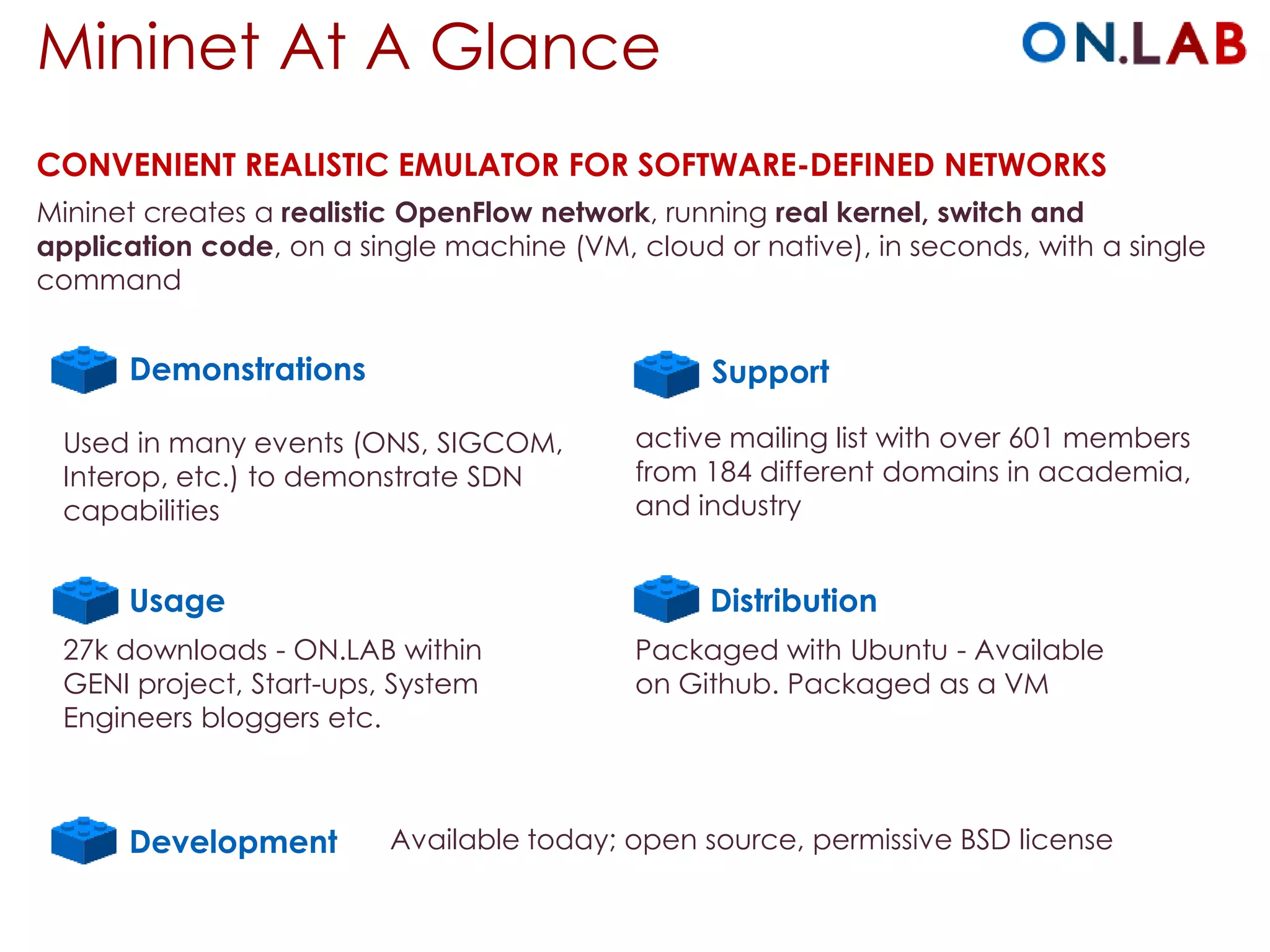 Mininet At A Glance
Mininet creates a realistic OpenFlow network, running real kernel, switch and
application code, on a single machine (VM, cloud or native), in seconds, with a single
command
Packaged with Ubuntu - Available
on Github. Packaged as a VM
27k downloads - ON.LAB within
GENI project, Start-ups, System
Engineers bloggers etc.
Available today; open source, permissive BSD license
active mailing list with over 601 members
from 184 different domains in academia,
and industry
CONVENIENT REALISTIC EMULATOR FOR SOFTWARE-DEFINED NETWORKS
Demonstrations Support
Usage
Development
Distribution
Used in many events
(ONS, SIGCOM, Interop, etc.) to
demonstrate SDN capabilities
 