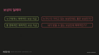 보상의 딜레마
누구에게나 매력적인 보상 지급 누구나 다 가지고 있는 보상인데도 좋은 보상인가?
몇 명에게만 매력적인 보상 지급 내가 받을 수 없는 보상인데 매력적인가?
 