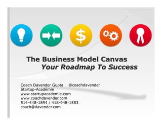 The Business Model Canvas
Your Roadmap To Success
Coach Davender Gupta @coachdavender
Startup-Académie
www.startupacademie.com
www.coachdavender.com
514-448-1894 / 418-948-1553
coach@davender.com
 