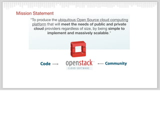 "To produce the ubiquitous Open Source cloud computing
platform that will meet the needs of public and private
cloud providers regardless of size, by being simple to
implement and massively scalable."
Mission Statement
 