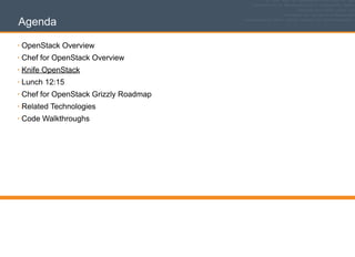Agenda
• OpenStack Overview
• Chef for OpenStack Overview
• Knife OpenStack
• Lunch 12:15
• Chef for OpenStack Grizzly Roadmap
• Related Technologies
• Code Walkthroughs
 