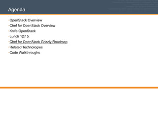 Agenda
• OpenStack Overview
• Chef for OpenStack Overview
• Knife OpenStack
• Lunch 12:15
• Chef for OpenStack Grizzly Roadmap
• Related Technologies
• Code Walkthroughs
 
