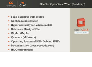 • Build packages from source
• Continuous integration
• Hypervisors (Hyper-V, bare metal)
• Databases (PostgreSQL)
• Cinde...