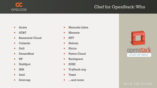 Chef for OpenStack:Who
• Arista
• AT&T
• Baremetal Cloud
• Calxeda
• Dell
• DreamHost
• HP
• HubSpot
• IBM
• Intel
• Internap
• Mercado Libre
• Mirantis
• NTT
• Nebula
• Nicira
• Piston Cloud
• Rackspace
• SUSE
• TryStack.org
• Voxel
• ...and more
 