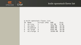 knife openstack flavor list
$ knife openstack flavor list
ID Name Virtual CPUs RAM Disk
1 m1.tiny 1 512 MB 0 GB
2 m1.small 1 2048 MB 10 GB
3 m1.medium 2 4096 MB 10 GB
4 m1.large 4 8192 MB 10 GB
5 m1.xlarge 8 16384 MB 10 GB
 