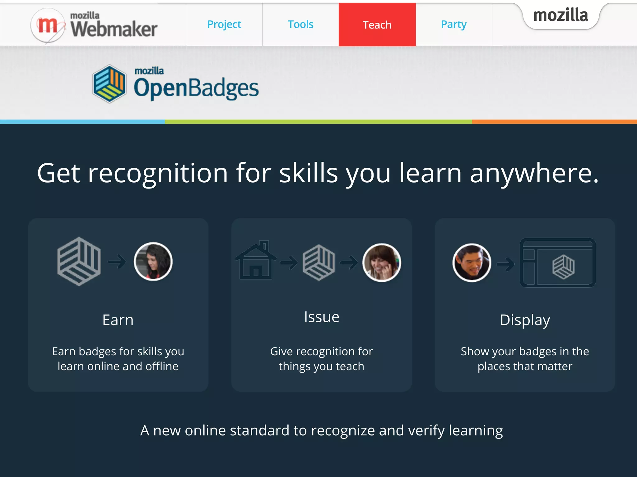 Project Tools Teach Party
mozilla
MozTW, Mozilla Taiwan Community
Project Tools Teach Party
mozillaTeach
Get recognition for skills you learn anywhere.
A new online standard to recognize and verify learning
Earn
Earn badges for skills you
learn online and oﬄine
Issue
Give recognition for
things you teach
Show your badges in the
places that matter
Display
 