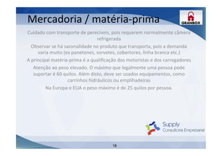 18
Cuidado	
  com	
  transporte	
  de	
  perecíveis,	
  pois	
  requerem	
  normalmente	
  câmera	
  
refrigerada	
  
Observar	
  se	
  há	
  sazonalidade	
  no	
  produto	
  que	
  transporta,	
  pois	
  a	
  demanda	
  
varia	
  muito	
  (ex	
  panetones,	
  sorvetes,	
  cobertores,	
  linha	
  branca	
  etc.)	
  
A	
  principal	
  matéria-­‐prima	
  é	
  a	
  qualiﬁcação	
  dos	
  motoristas	
  e	
  dos	
  carregadores	
  
Atenção	
  ao	
  peso	
  elevado.	
  O	
  máximo	
  que	
  legalmente	
  uma	
  pessoa	
  pode	
  
suportar	
  é	
  60	
  quilos.	
  Além	
  disto,	
  deve	
  ser	
  usados	
  equipamentos,	
  como	
  
carrinhos	
  hidráulicos	
  ou	
  emplihadeiras	
  
Na	
  Europa	
  e	
  EUA	
  o	
  peso	
  máximo	
  é	
  de	
  25	
  quilos	
  por	
  pessoa.	
  	
  
	
  
	
  
	
  
	
  
	
  
	
  
	
  
	
  
Mercadoria	
  /	
  matéria-­‐prima	
  
 
