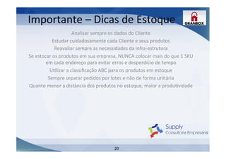 20
Analisar	
  sempre	
  os	
  dados	
  do	
  Cliente	
  
Estudar	
  cuidadosamente	
  cada	
  Cliente	
  e	
  seus	
  produtos	
  
Reavaliar	
  sempre	
  as	
  necessidades	
  da	
  infra-­‐estrutura	
  	
  
Se	
  estocar	
  os	
  produtos	
  em	
  sua	
  empresa,	
  NUNCA	
  colocar	
  mais	
  do	
  que	
  1	
  SKU	
  
em	
  cada	
  endereço	
  para	
  evitar	
  erros	
  e	
  desperdício	
  de	
  tempo	
  
ULlizar	
  a	
  classiﬁcação	
  ABC	
  para	
  os	
  produtos	
  em	
  estoque	
  
Sempre	
  separar	
  pedidos	
  por	
  lotes	
  e	
  não	
  de	
  forma	
  unitária	
  
Quanto	
  menor	
  a	
  distância	
  dos	
  produtos	
  no	
  estoque,	
  maior	
  a	
  produLvidade	
  
	
  
	
  
	
  
	
  
	
  
	
  
	
  
	
  
	
  
Importante	
  –	
  Dicas	
  de	
  Estoque	
  
 