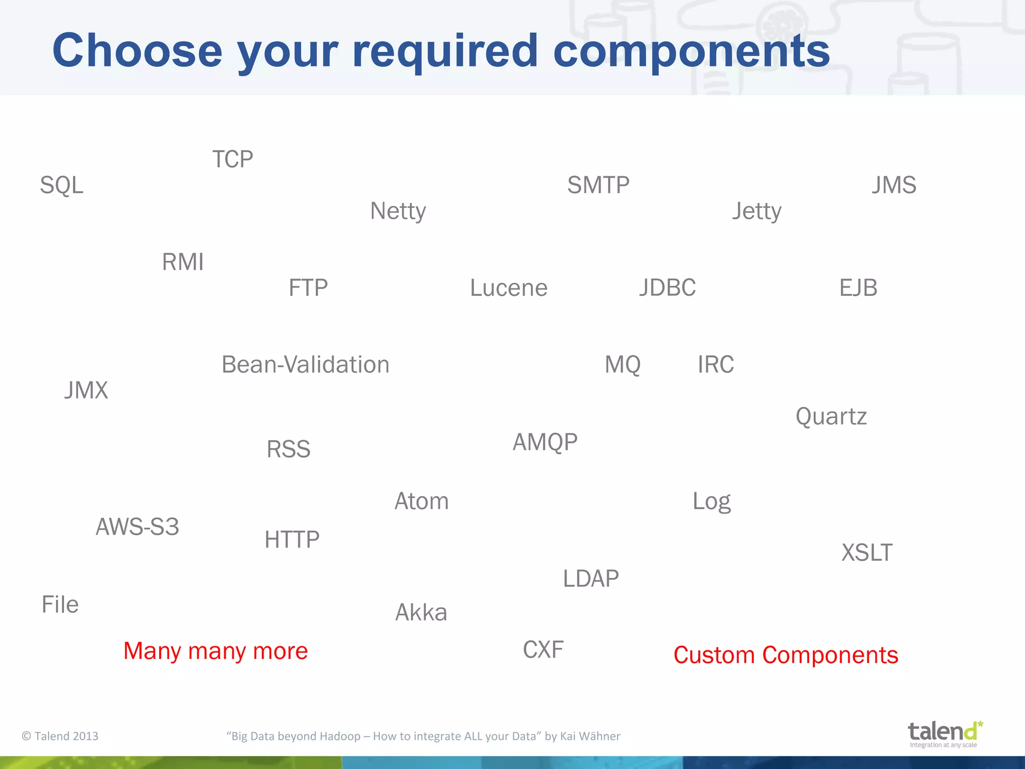©  Talend  2013        “Big  Data  beyond  Hadoop  –  How  to  integrate  ALL  your  Data”  by  Kai  Wähner     HTTP   FTP   File   XSLT   MQ   JDBC Akka   TCP   SMTP   RSS   Quartz   Log   LDAP   JMS   EJB   AMQP   Atom   AWS-S3   Bean-Validation   CXF   IRC   Jetty   JMX   Lucene   Netty   RMI   SQL   Many many more   Custom Components Choose your required components 