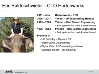 © Hortonworks Inc. 2013
Eric Baldeschwieler - CTO Hortonworks
Page 11
• 2011 – now Hortonworks - CTO
• 2006 – 2011 Yahoo! - VP Engineering, Hadoop
• 2003 – 2005 Yahoo! – Web Search Engineering
- Built systems that crawl & index the web
• 1996 – 2003 Inktomi – Web Search Engineering
- Built systems that crawl & index the web
• Previously
– UC Berkeley – Masters CS
– Video Game Development
– Digital Video & 3D rendering software
– Carnegie Mellon – BS Math/CS
 