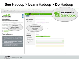 © Hortonworks Inc. 2013
See Hadoop > Learn Hadoop > Do Hadoop
Full environment
to evaluate
Hadoop
Hands on
step-by- step
tutorials to learn
 