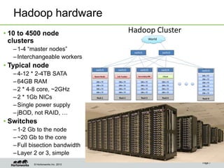 © Hortonworks Inc. 2013
Hadoop hardware
• 10 to 4500 node
clusters
–1-4 “master nodes”
–Interchangeable workers
• Typical node
–4-12 * 2-4TB SATA
–64GB RAM
–2 * 4-8 core, ~2GHz
–2 * 1Gb NICs
–Single power supply
–jBOD, not RAID, …
• Switches
–1-2 Gb to the node
–~20 Gb to the core
–Full bisection bandwidth
–Layer 2 or 3, simple
Page 7
 